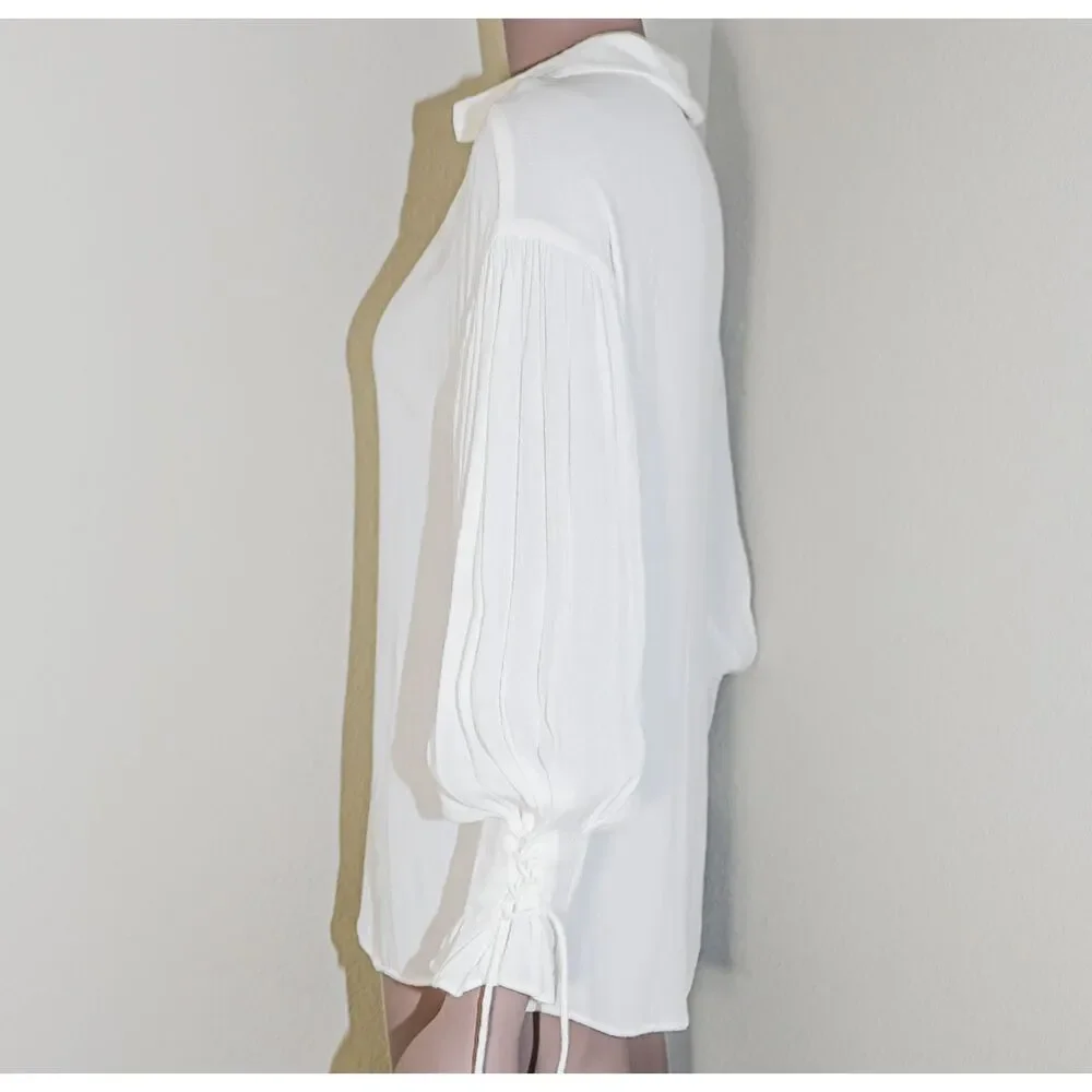 Zara White Blouse Medium Puff Sleeve Tie Cuff V Neck Top